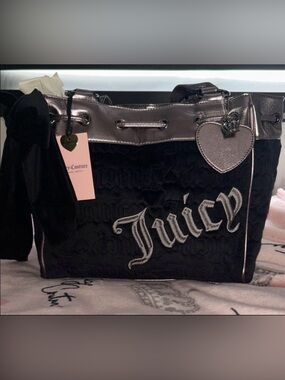 Juicy Couture Black Velvet Tote with Metallic Silver Trim and Heart Charm